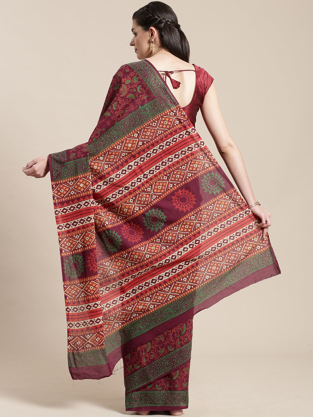 Burgundy & Orange Handblock Print Bagru Saree-Saree-Kalakari India-BHKPSA0105-Cotton, Geographical Indication, Hand Blocks, Hand Crafted, Heritage Prints, Sanganeri, Sarees, Sustainable Fabrics-[Linen,Ethnic,wear,Fashionista,Handloom,Handicraft,Indigo,blockprint,block,print,Cotton,Chanderi,Blue, latest,classy,party,bollywood,trendy,summer,style,traditional,formal,elegant,unique,style,hand,block,print, dabu,booti,gift,present,glamorous,affordable,collectible,Sari,Saree,printed, holi, Diwali, birt