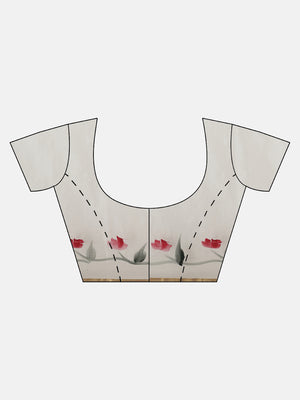 White & Red Floral Hand Painted Organza Saree-Saree-Kalakari India-BHKPSA0128-Hand Painted, Organza, Sarees, Sustainable Fabrics, Traditional Weave-[Linen,Ethnic,wear,Fashionista,Handloom,Handicraft,Indigo,blockprint,block,print,Cotton,Chanderi,Blue, latest,classy,party,bollywood,trendy,summer,style,traditional,formal,elegant,unique,style,hand,block,print, dabu,booti,gift,present,glamorous,affordable,collectible,Sari,Saree,printed, holi, Diwali, birthday, anniversary, sustainable, organic, scarf