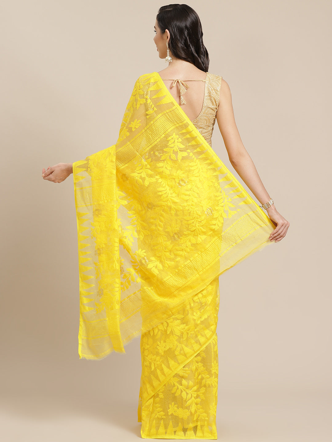 Yellow and Yellow, Kalakari India Jamdani Silk Cotton Woven Design Saree without blouse CHBHSA0001-Saree-Kalakari India-CHBHSA0001-Bengal, Geographical Indication, Hand Crafted, Hand Painted, Heritage Prints, Jamdani, Natural Dyes, Red, Sarees, Silk Blended, Sustainable Fabrics, Woven, Yellow-[Linen,Ethnic,wear,Fashionista,Handloom,Handicraft,Indigo,blockprint,block,print,Cotton,Chanderi,Blue, latest,classy,party,bollywood,trendy,summer,style,traditional,formal,elegant,unique,style,hand,block,pr