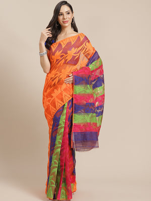 Orange and Green, Kalakari India Jamdani Silk Cotton Woven Design Saree without blouse CHBHSA0002-Saree-Kalakari India-CHBHSA0002-Bengal, Geographical Indication, Hand Crafted, Hand Painted, Heritage Prints, Jamdani, Natural Dyes, Red, Sarees, Silk Blended, Sustainable Fabrics, Woven, Yellow-[Linen,Ethnic,wear,Fashionista,Handloom,Handicraft,Indigo,blockprint,block,print,Cotton,Chanderi,Blue, latest,classy,party,bollywood,trendy,summer,style,traditional,formal,elegant,unique,style,hand,block,pri