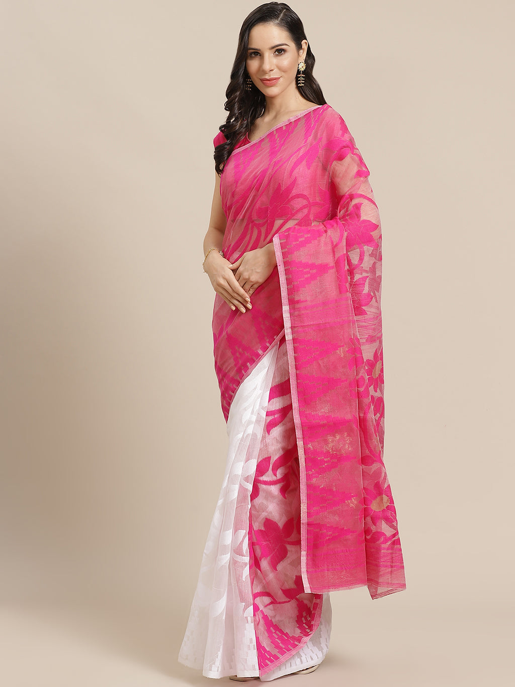 Pink and White, Kalakari India Jamdani Silk Cotton Woven Design Saree without blouse CHBHSA0004-Saree-Kalakari India-CHBHSA0004-Bengal, Geographical Indication, Hand Crafted, Hand Painted, Heritage Prints, Jamdani, Natural Dyes, Red, Sarees, Silk Blended, Sustainable Fabrics, Woven, Yellow-[Linen,Ethnic,wear,Fashionista,Handloom,Handicraft,Indigo,blockprint,block,print,Cotton,Chanderi,Blue, latest,classy,party,bollywood,trendy,summer,style,traditional,formal,elegant,unique,style,hand,block,print