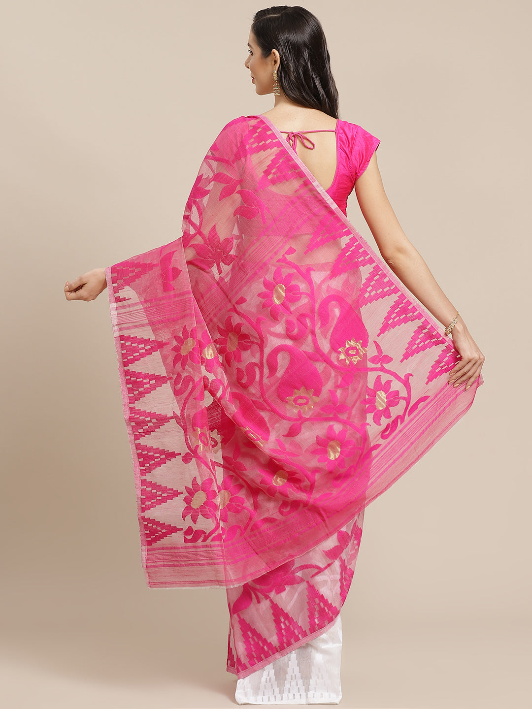 Pink and White, Kalakari India Jamdani Silk Cotton Woven Design Saree without blouse CHBHSA0004-Saree-Kalakari India-CHBHSA0004-Bengal, Geographical Indication, Hand Crafted, Hand Painted, Heritage Prints, Jamdani, Natural Dyes, Red, Sarees, Silk Blended, Sustainable Fabrics, Woven, Yellow-[Linen,Ethnic,wear,Fashionista,Handloom,Handicraft,Indigo,blockprint,block,print,Cotton,Chanderi,Blue, latest,classy,party,bollywood,trendy,summer,style,traditional,formal,elegant,unique,style,hand,block,print