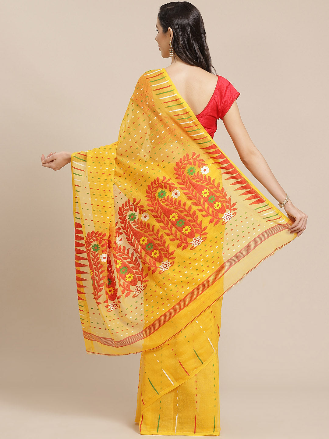 Yellow and Red, Kalakari India Jamdani Silk Cotton Woven Design Saree without blouse CHBHSA0006-Saree-Kalakari India-CHBHSA0006-Bengal, Geographical Indication, Hand Crafted, Hand Painted, Heritage Prints, Jamdani, Natural Dyes, Red, Sarees, Silk Blended, Sustainable Fabrics, Woven, Yellow-[Linen,Ethnic,wear,Fashionista,Handloom,Handicraft,Indigo,blockprint,block,print,Cotton,Chanderi,Blue, latest,classy,party,bollywood,trendy,summer,style,traditional,formal,elegant,unique,style,hand,block,print