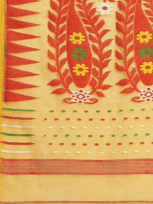 Yellow and Red, Kalakari India Jamdani Silk Cotton Woven Design Saree without blouse CHBHSA0006-Saree-Kalakari India-CHBHSA0006-Bengal, Geographical Indication, Hand Crafted, Hand Painted, Heritage Prints, Jamdani, Natural Dyes, Red, Sarees, Silk Blended, Sustainable Fabrics, Woven, Yellow-[Linen,Ethnic,wear,Fashionista,Handloom,Handicraft,Indigo,blockprint,block,print,Cotton,Chanderi,Blue, latest,classy,party,bollywood,trendy,summer,style,traditional,formal,elegant,unique,style,hand,block,print