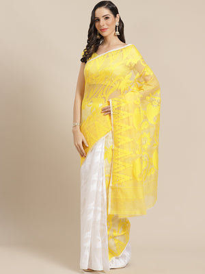 Yellow and Cream, Kalakari India Jamdani Silk Cotton Woven Design Saree without blouse CHBHSA0011-Saree-Kalakari India-CHBHSA0011-Bengal, Geographical Indication, Hand Crafted, Hand Painted, Heritage Prints, Jamdani, Natural Dyes, Red, Sarees, Silk Blended, Sustainable Fabrics, Woven, Yellow-[Linen,Ethnic,wear,Fashionista,Handloom,Handicraft,Indigo,blockprint,block,print,Cotton,Chanderi,Blue, latest,classy,party,bollywood,trendy,summer,style,traditional,formal,elegant,unique,style,hand,block,pri