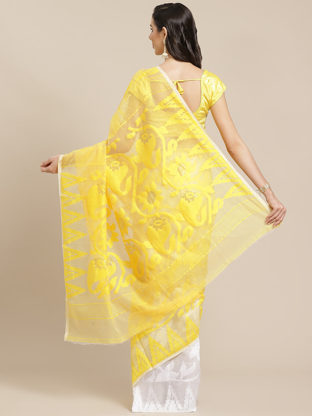 Yellow and Cream, Kalakari India Jamdani Silk Cotton Woven Design Saree without blouse CHBHSA0011-Saree-Kalakari India-CHBHSA0011-Bengal, Geographical Indication, Hand Crafted, Hand Painted, Heritage Prints, Jamdani, Natural Dyes, Red, Sarees, Silk Blended, Sustainable Fabrics, Woven, Yellow-[Linen,Ethnic,wear,Fashionista,Handloom,Handicraft,Indigo,blockprint,block,print,Cotton,Chanderi,Blue, latest,classy,party,bollywood,trendy,summer,style,traditional,formal,elegant,unique,style,hand,block,pri