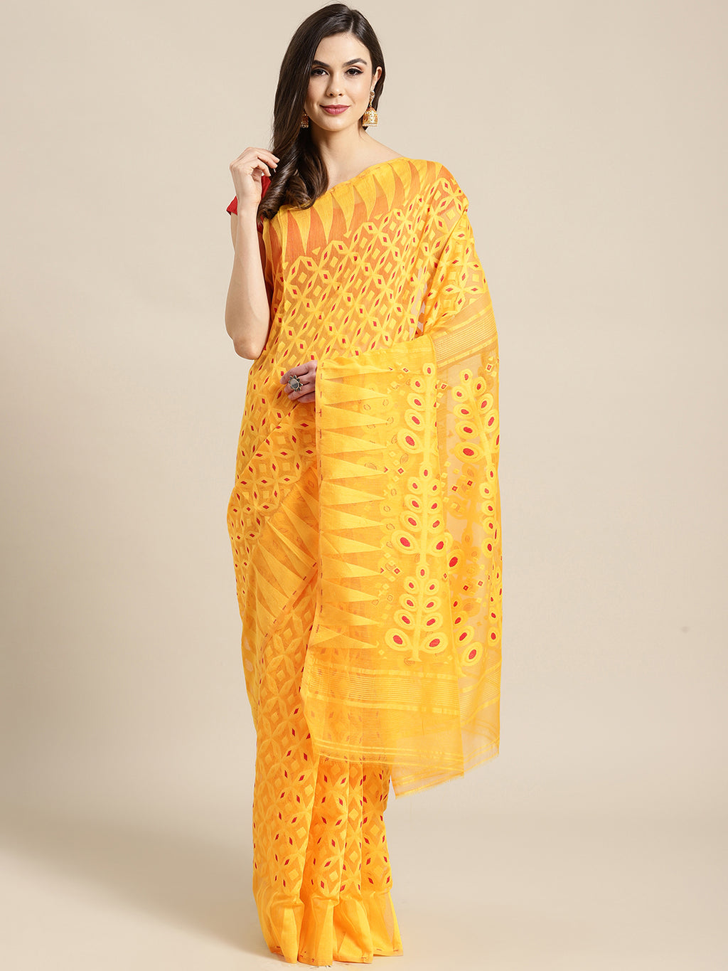 Yellow and Red, Kalakari India Jamdani Silk Cotton Woven Design Saree without blouse CHBHSA0015-Saree-Kalakari India-CHBHSA0015-Bengal, Geographical Indication, Hand Crafted, Hand Painted, Heritage Prints, Jamdani, Natural Dyes, Red, Sarees, Silk Blended, Sustainable Fabrics, Woven, Yellow-[Linen,Ethnic,wear,Fashionista,Handloom,Handicraft,Indigo,blockprint,block,print,Cotton,Chanderi,Blue, latest,classy,party,bollywood,trendy,summer,style,traditional,formal,elegant,unique,style,hand,block,print