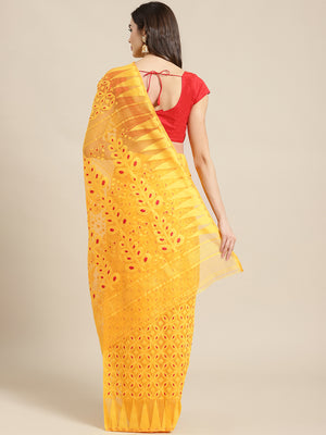Yellow and Red, Kalakari India Jamdani Silk Cotton Woven Design Saree without blouse CHBHSA0015-Saree-Kalakari India-CHBHSA0015-Bengal, Geographical Indication, Hand Crafted, Hand Painted, Heritage Prints, Jamdani, Natural Dyes, Red, Sarees, Silk Blended, Sustainable Fabrics, Woven, Yellow-[Linen,Ethnic,wear,Fashionista,Handloom,Handicraft,Indigo,blockprint,block,print,Cotton,Chanderi,Blue, latest,classy,party,bollywood,trendy,summer,style,traditional,formal,elegant,unique,style,hand,block,print