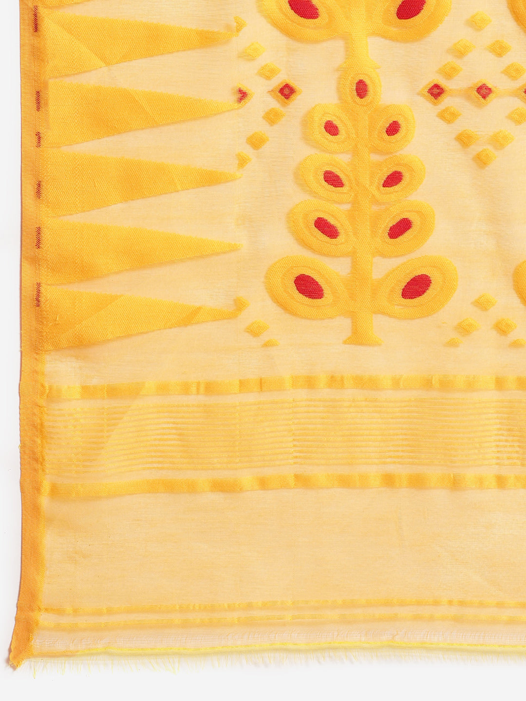 Yellow and Red, Kalakari India Jamdani Silk Cotton Woven Design Saree without blouse CHBHSA0015-Saree-Kalakari India-CHBHSA0015-Bengal, Geographical Indication, Hand Crafted, Hand Painted, Heritage Prints, Jamdani, Natural Dyes, Red, Sarees, Silk Blended, Sustainable Fabrics, Woven, Yellow-[Linen,Ethnic,wear,Fashionista,Handloom,Handicraft,Indigo,blockprint,block,print,Cotton,Chanderi,Blue, latest,classy,party,bollywood,trendy,summer,style,traditional,formal,elegant,unique,style,hand,block,print