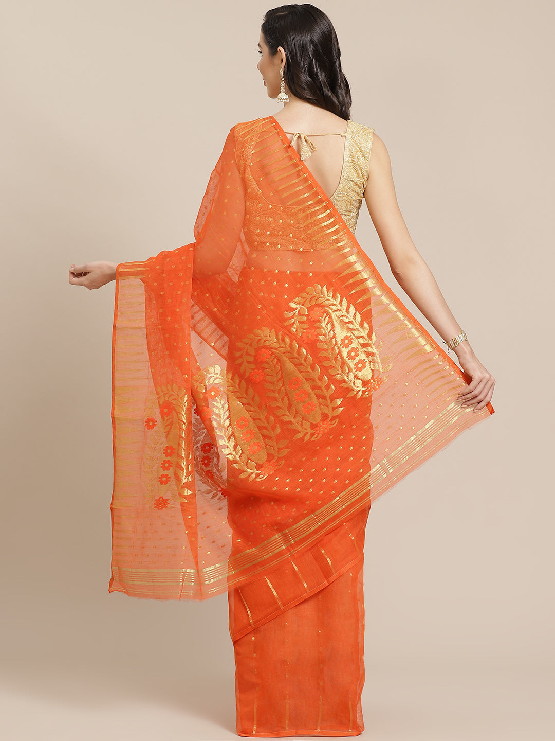 Orange and Gold, Kalakari India Jamdani Silk Cotton Woven Design Saree without blouse CHBHSA0016-Saree-Kalakari India-CHBHSA0016-Bengal, Geographical Indication, Hand Crafted, Hand Painted, Heritage Prints, Jamdani, Natural Dyes, Red, Sarees, Silk Blended, Sustainable Fabrics, Woven, Yellow-[Linen,Ethnic,wear,Fashionista,Handloom,Handicraft,Indigo,blockprint,block,print,Cotton,Chanderi,Blue, latest,classy,party,bollywood,trendy,summer,style,traditional,formal,elegant,unique,style,hand,block,prin