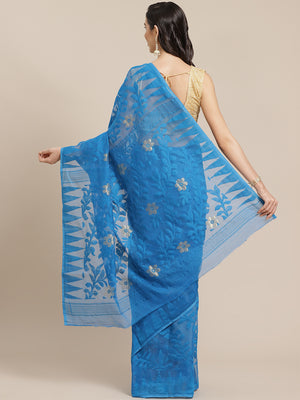Blue and Orange, Kalakari India Jamdani Silk Cotton Woven Design Saree without blouse CHBHSA0017-Saree-Kalakari India-CHBHSA0017-Bengal, Geographical Indication, Hand Crafted, Hand Painted, Heritage Prints, Jamdani, Natural Dyes, Red, Sarees, Silk Blended, Sustainable Fabrics, Woven, Yellow-[Linen,Ethnic,wear,Fashionista,Handloom,Handicraft,Indigo,blockprint,block,print,Cotton,Chanderi,Blue, latest,classy,party,bollywood,trendy,summer,style,traditional,formal,elegant,unique,style,hand,block,prin