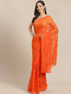 Orange and Tan, Kalakari India Jamdani Silk Cotton Woven Design Saree without blouse CHBHSA0019-Saree-Kalakari India-CHBHSA0019-Bengal, Geographical Indication, Hand Crafted, Hand Painted, Heritage Prints, Jamdani, Natural Dyes, Red, Sarees, Silk Blended, Sustainable Fabrics, Woven, Yellow-[Linen,Ethnic,wear,Fashionista,Handloom,Handicraft,Indigo,blockprint,block,print,Cotton,Chanderi,Blue, latest,classy,party,bollywood,trendy,summer,style,traditional,formal,elegant,unique,style,hand,block,print