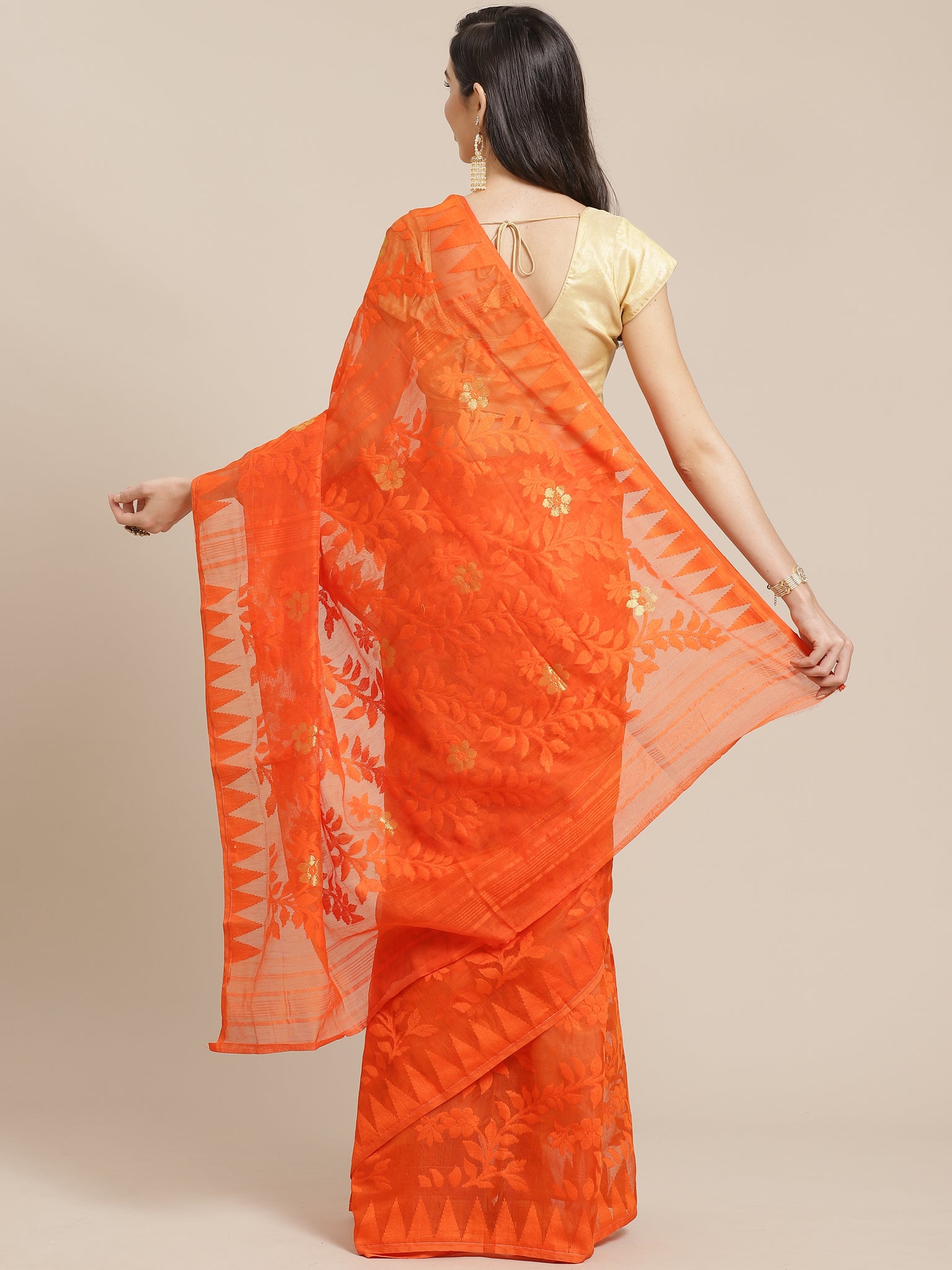 Orange and Tan, Kalakari India Jamdani Silk Cotton Woven Design Saree without blouse CHBHSA0019-Saree-Kalakari India-CHBHSA0019-Bengal, Geographical Indication, Hand Crafted, Hand Painted, Heritage Prints, Jamdani, Natural Dyes, Red, Sarees, Silk Blended, Sustainable Fabrics, Woven, Yellow-[Linen,Ethnic,wear,Fashionista,Handloom,Handicraft,Indigo,blockprint,block,print,Cotton,Chanderi,Blue, latest,classy,party,bollywood,trendy,summer,style,traditional,formal,elegant,unique,style,hand,block,print