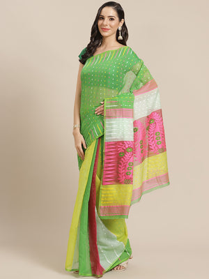 Green and Pink, Kalakari India Jamdani Silk Cotton Woven Design Saree without blouse CHBHSA0020-Saree-Kalakari India-CHBHSA0020-Bengal, Geographical Indication, Hand Crafted, Hand Painted, Heritage Prints, Jamdani, Natural Dyes, Red, Sarees, Silk Blended, Sustainable Fabrics, Woven, Yellow-[Linen,Ethnic,wear,Fashionista,Handloom,Handicraft,Indigo,blockprint,block,print,Cotton,Chanderi,Blue, latest,classy,party,bollywood,trendy,summer,style,traditional,formal,elegant,unique,style,hand,block,print