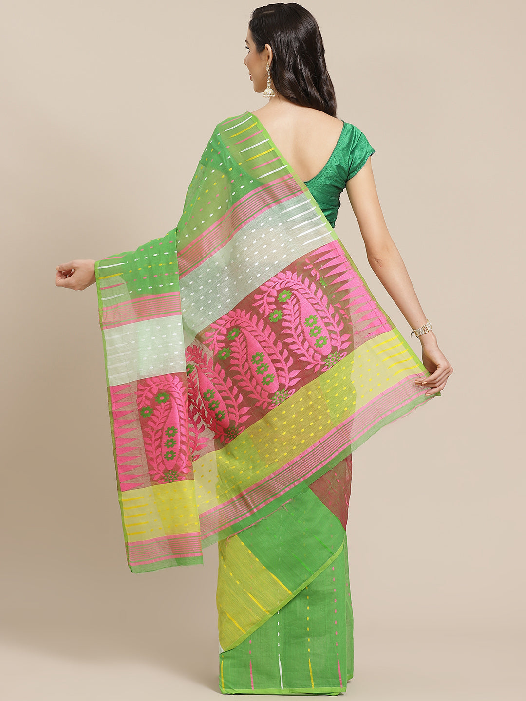 Green and Pink, Kalakari India Jamdani Silk Cotton Woven Design Saree without blouse CHBHSA0020-Saree-Kalakari India-CHBHSA0020-Bengal, Geographical Indication, Hand Crafted, Hand Painted, Heritage Prints, Jamdani, Natural Dyes, Red, Sarees, Silk Blended, Sustainable Fabrics, Woven, Yellow-[Linen,Ethnic,wear,Fashionista,Handloom,Handicraft,Indigo,blockprint,block,print,Cotton,Chanderi,Blue, latest,classy,party,bollywood,trendy,summer,style,traditional,formal,elegant,unique,style,hand,block,print