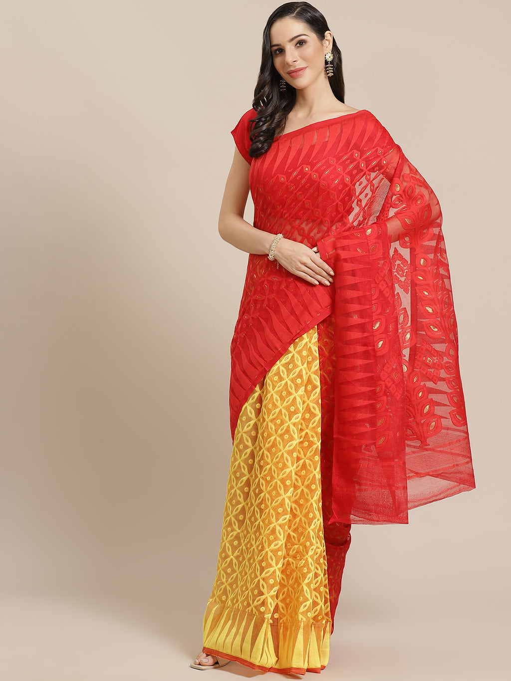 Red and Tan, Kalakari India Jamdani Silk Cotton Woven Design Saree without blouse CHBHSA0022-Saree-Kalakari India-CHBHSA0022-Bengal, Geographical Indication, Hand Crafted, Hand Painted, Heritage Prints, Jamdani, Natural Dyes, Red, Sarees, Silk Blended, Sustainable Fabrics, Woven, Yellow-[Linen,Ethnic,wear,Fashionista,Handloom,Handicraft,Indigo,blockprint,block,print,Cotton,Chanderi,Blue, latest,classy,party,bollywood,trendy,summer,style,traditional,formal,elegant,unique,style,hand,block,print, d