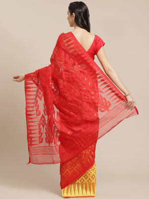 Red and Tan, Kalakari India Jamdani Silk Cotton Woven Design Saree without blouse CHBHSA0022-Saree-Kalakari India-CHBHSA0022-Bengal, Geographical Indication, Hand Crafted, Hand Painted, Heritage Prints, Jamdani, Natural Dyes, Red, Sarees, Silk Blended, Sustainable Fabrics, Woven, Yellow-[Linen,Ethnic,wear,Fashionista,Handloom,Handicraft,Indigo,blockprint,block,print,Cotton,Chanderi,Blue, latest,classy,party,bollywood,trendy,summer,style,traditional,formal,elegant,unique,style,hand,block,print, d