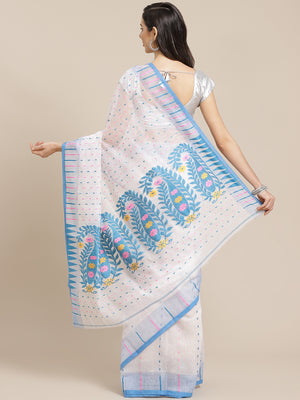 White and Blue, Kalakari India Jamdani Silk Cotton Woven Design Saree without blouse CHBHSA0024-Saree-Kalakari India-CHBHSA0024-Bengal, Geographical Indication, Hand Crafted, Hand Painted, Heritage Prints, Jamdani, Natural Dyes, Red, Sarees, Silk Blended, Sustainable Fabrics, Woven, Yellow-[Linen,Ethnic,wear,Fashionista,Handloom,Handicraft,Indigo,blockprint,block,print,Cotton,Chanderi,Blue, latest,classy,party,bollywood,trendy,summer,style,traditional,formal,elegant,unique,style,hand,block,print