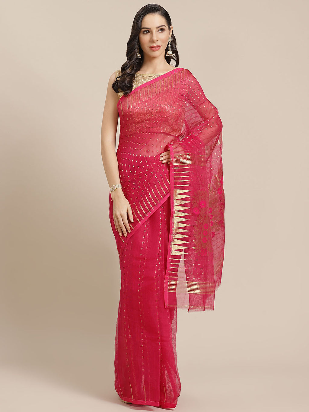 Pink and Tan, Kalakari India Jamdani Silk Cotton Woven Design Saree without blouse CHBHSA0029-Saree-Kalakari India-CHBHSA0029-Bengal, Geographical Indication, Hand Crafted, Hand Painted, Heritage Prints, Jamdani, Natural Dyes, Red, Sarees, Silk Blended, Sustainable Fabrics, Woven, Yellow-[Linen,Ethnic,wear,Fashionista,Handloom,Handicraft,Indigo,blockprint,block,print,Cotton,Chanderi,Blue, latest,classy,party,bollywood,trendy,summer,style,traditional,formal,elegant,unique,style,hand,block,print, 