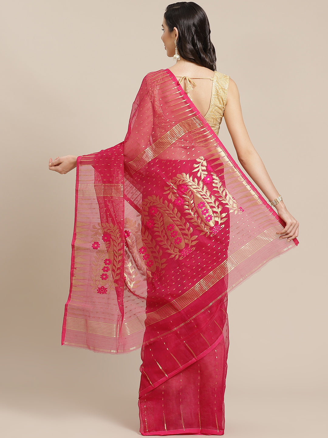 Pink and Tan, Kalakari India Jamdani Silk Cotton Woven Design Saree without blouse CHBHSA0029-Saree-Kalakari India-CHBHSA0029-Bengal, Geographical Indication, Hand Crafted, Hand Painted, Heritage Prints, Jamdani, Natural Dyes, Red, Sarees, Silk Blended, Sustainable Fabrics, Woven, Yellow-[Linen,Ethnic,wear,Fashionista,Handloom,Handicraft,Indigo,blockprint,block,print,Cotton,Chanderi,Blue, latest,classy,party,bollywood,trendy,summer,style,traditional,formal,elegant,unique,style,hand,block,print, 