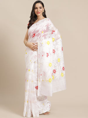 White and Yellow, Kalakari India Jamdani Silk Cotton Woven Design Saree without blouse CHBHSA0030-Saree-Kalakari India-CHBHSA0030-Bengal, Geographical Indication, Hand Crafted, Hand Painted, Heritage Prints, Jamdani, Natural Dyes, Red, Sarees, Silk Blended, Sustainable Fabrics, Woven, Yellow-[Linen,Ethnic,wear,Fashionista,Handloom,Handicraft,Indigo,blockprint,block,print,Cotton,Chanderi,Blue, latest,classy,party,bollywood,trendy,summer,style,traditional,formal,elegant,unique,style,hand,block,pri