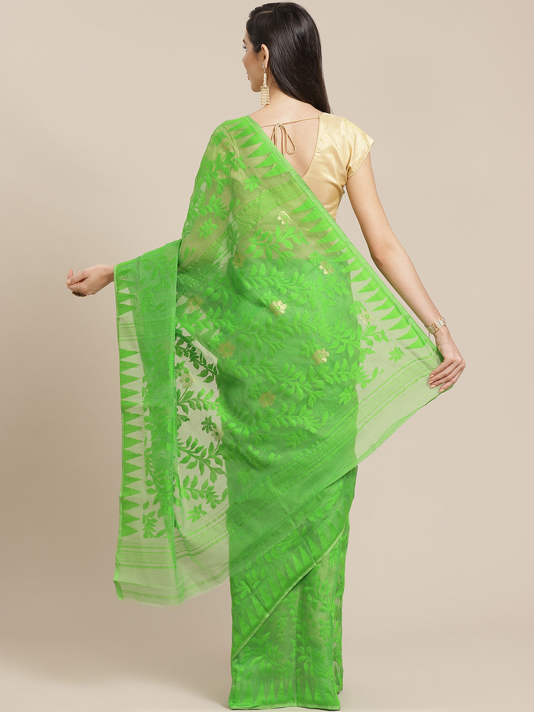 Green and Tan, Kalakari India Jamdani Silk Cotton Woven Design Saree without blouse CHBHSA0031-Saree-Kalakari India-CHBHSA0031-Bengal, Geographical Indication, Hand Crafted, Hand Painted, Heritage Prints, Jamdani, Natural Dyes, Red, Sarees, Silk Blended, Sustainable Fabrics, Woven, Yellow-[Linen,Ethnic,wear,Fashionista,Handloom,Handicraft,Indigo,blockprint,block,print,Cotton,Chanderi,Blue, latest,classy,party,bollywood,trendy,summer,style,traditional,formal,elegant,unique,style,hand,block,print,