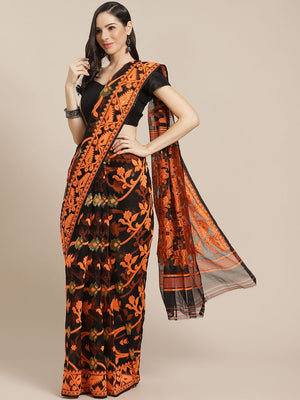 Black and Orange, Kalakari India Jamdani Silk Cotton Woven Design Saree without blouse CHBHSA0033-Saree-Kalakari India-CHBHSA0033-Bengal, Geographical Indication, Hand Crafted, Hand Painted, Heritage Prints, Jamdani, Natural Dyes, Red, Sarees, Silk Blended, Sustainable Fabrics, Woven, Yellow-[Linen,Ethnic,wear,Fashionista,Handloom,Handicraft,Indigo,blockprint,block,print,Cotton,Chanderi,Blue, latest,classy,party,bollywood,trendy,summer,style,traditional,formal,elegant,unique,style,hand,block,pri