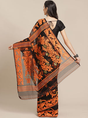 Black and Orange, Kalakari India Jamdani Silk Cotton Woven Design Saree without blouse CHBHSA0033-Saree-Kalakari India-CHBHSA0033-Bengal, Geographical Indication, Hand Crafted, Hand Painted, Heritage Prints, Jamdani, Natural Dyes, Red, Sarees, Silk Blended, Sustainable Fabrics, Woven, Yellow-[Linen,Ethnic,wear,Fashionista,Handloom,Handicraft,Indigo,blockprint,block,print,Cotton,Chanderi,Blue, latest,classy,party,bollywood,trendy,summer,style,traditional,formal,elegant,unique,style,hand,block,pri