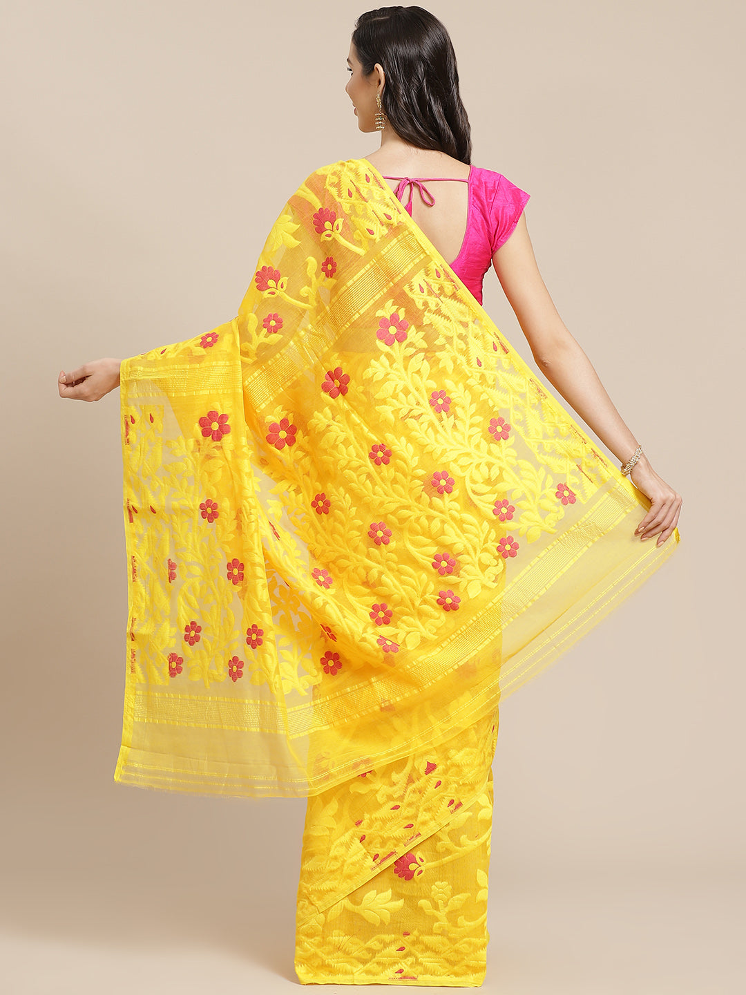 Yellow and Cream, Kalakari India Jamdani Silk Cotton Woven Design Saree without blouse CHBHSA0035-Saree-Kalakari India-CHBHSA0035-Bengal, Geographical Indication, Hand Crafted, Hand Painted, Heritage Prints, Jamdani, Natural Dyes, Red, Sarees, Silk Blended, Sustainable Fabrics, Woven, Yellow-[Linen,Ethnic,wear,Fashionista,Handloom,Handicraft,Indigo,blockprint,block,print,Cotton,Chanderi,Blue, latest,classy,party,bollywood,trendy,summer,style,traditional,formal,elegant,unique,style,hand,block,pri