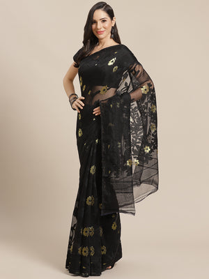 Black and Black, Kalakari India Jamdani Silk Cotton Woven Design Saree without blouse CHBHSA0036-Saree-Kalakari India-CHBHSA0036-Bengal, Geographical Indication, Hand Crafted, Hand Painted, Heritage Prints, Jamdani, Natural Dyes, Red, Sarees, Silk Blended, Sustainable Fabrics, Woven, Yellow-[Linen,Ethnic,wear,Fashionista,Handloom,Handicraft,Indigo,blockprint,block,print,Cotton,Chanderi,Blue, latest,classy,party,bollywood,trendy,summer,style,traditional,formal,elegant,unique,style,hand,block,prin
