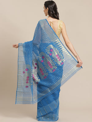 Blue and Gold, Kalakari India Jamdani Silk Cotton Woven Design Saree without blouse CHBHSA0038-Saree-Kalakari India-CHBHSA0038-Bengal, Geographical Indication, Hand Crafted, Hand Painted, Heritage Prints, Jamdani, Natural Dyes, Red, Sarees, Silk Blended, Sustainable Fabrics, Woven, Yellow-[Linen,Ethnic,wear,Fashionista,Handloom,Handicraft,Indigo,blockprint,block,print,Cotton,Chanderi,Blue, latest,classy,party,bollywood,trendy,summer,style,traditional,formal,elegant,unique,style,hand,block,print,