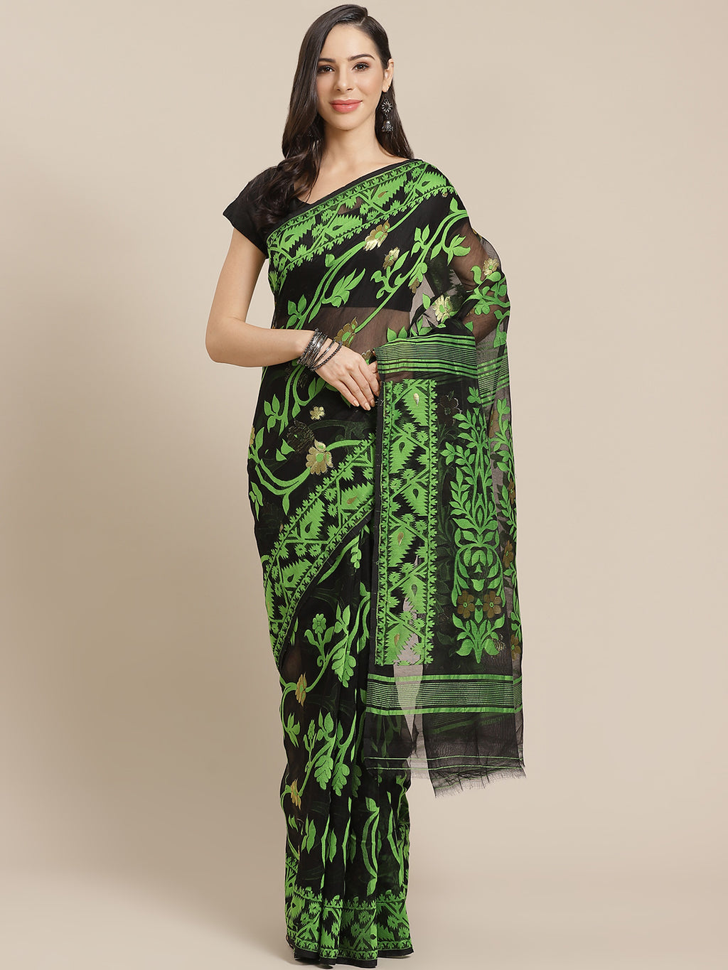 Black and Green, Kalakari India Jamdani Silk Cotton Woven Design Saree without blouse CHBHSA0040-Saree-Kalakari India-CHBHSA0040-Bengal, Geographical Indication, Hand Crafted, Hand Painted, Heritage Prints, Jamdani, Natural Dyes, Red, Sarees, Silk Blended, Sustainable Fabrics, Woven, Yellow-[Linen,Ethnic,wear,Fashionista,Handloom,Handicraft,Indigo,blockprint,block,print,Cotton,Chanderi,Blue, latest,classy,party,bollywood,trendy,summer,style,traditional,formal,elegant,unique,style,hand,block,prin