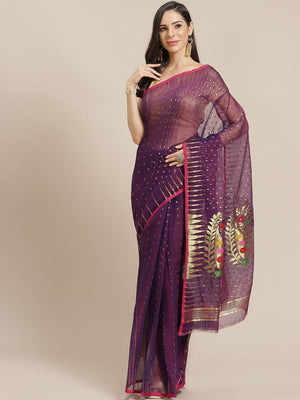 Purple and Gold, Kalakari India Jamdani Silk Cotton Woven Design Saree without blouse CHBHSA0042-Saree-Kalakari India-CHBHSA0042-Bengal, Geographical Indication, Hand Crafted, Hand Painted, Heritage Prints, Jamdani, Natural Dyes, Red, Sarees, Silk Blended, Sustainable Fabrics, Woven, Yellow-[Linen,Ethnic,wear,Fashionista,Handloom,Handicraft,Indigo,blockprint,block,print,Cotton,Chanderi,Blue, latest,classy,party,bollywood,trendy,summer,style,traditional,formal,elegant,unique,style,hand,block,prin