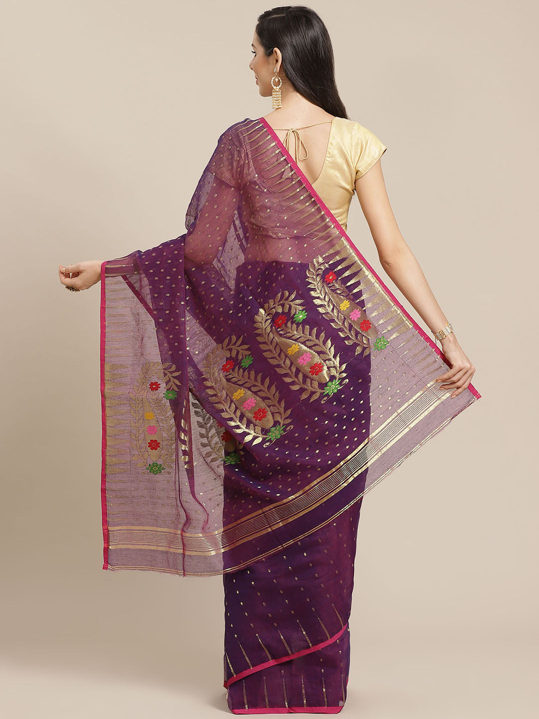 Purple and Gold, Kalakari India Jamdani Silk Cotton Woven Design Saree without blouse CHBHSA0042-Saree-Kalakari India-CHBHSA0042-Bengal, Geographical Indication, Hand Crafted, Hand Painted, Heritage Prints, Jamdani, Natural Dyes, Red, Sarees, Silk Blended, Sustainable Fabrics, Woven, Yellow-[Linen,Ethnic,wear,Fashionista,Handloom,Handicraft,Indigo,blockprint,block,print,Cotton,Chanderi,Blue, latest,classy,party,bollywood,trendy,summer,style,traditional,formal,elegant,unique,style,hand,block,prin