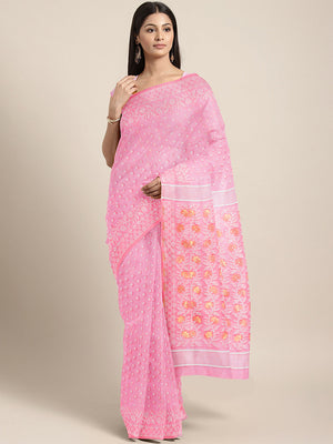 Pink Jamdani Woven Design Saree Without Blouse Piece CHBHSA0048 CHBHSA0048-Saree-Kalakari India-CHBHSA0048-Geographical Indication, Hand Crafted, Heritage Prints, Jamdani, Natural Dyes, Nayantara, Sarees, Silk Cotton, Sustainable Fabrics, West Bengal, Woven-[Linen,Ethnic,wear,Fashionista,Handloom,Handicraft,Indigo,blockprint,block,print,Cotton,Chanderi,Blue, latest,classy,party,bollywood,trendy,summer,style,traditional,formal,elegant,unique,style,hand,block,print, dabu,booti,gift,present,glamoro