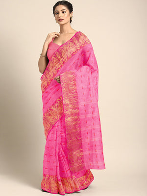 Pink Tant Woven Design Saree Without Blouse Piece DUTASA029 DUTASA029-Saree-Kalakari India-DUTASA029-Geographical Indication, Hand Crafted, Heritage Prints, Natural Dyes, Sarees, Silk Cotton, Sustainable Fabrics, Taant, Tant, West Bengal, Woven-[Linen,Ethnic,wear,Fashionista,Handloom,Handicraft,Indigo,blockprint,block,print,Cotton,Chanderi,Blue, latest,classy,party,bollywood,trendy,summer,style,traditional,formal,elegant,unique,style,hand,block,print, dabu,booti,gift,present,glamorous,affordable