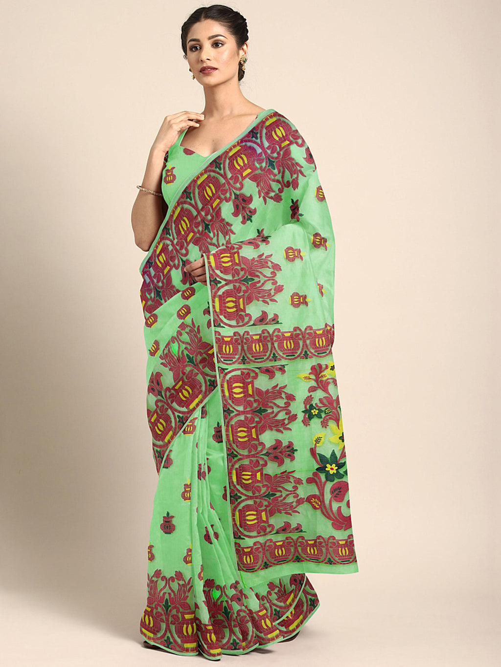 Green Jamdani Woven Design Saree Without Blouse Piece DUTASA002 DUTASA002-Saree-Kalakari India-DUTASA002-Geographical Indication, Hand Crafted, Heritage Prints, Jamdani, Natural Dyes, Sarees, Silk Cotton, Sustainable Fabrics, West Bengal, Woven-[Linen,Ethnic,wear,Fashionista,Handloom,Handicraft,Indigo,blockprint,block,print,Cotton,Chanderi,Blue, latest,classy,party,bollywood,trendy,summer,style,traditional,formal,elegant,unique,style,hand,block,print, dabu,booti,gift,present,glamorous,affordable