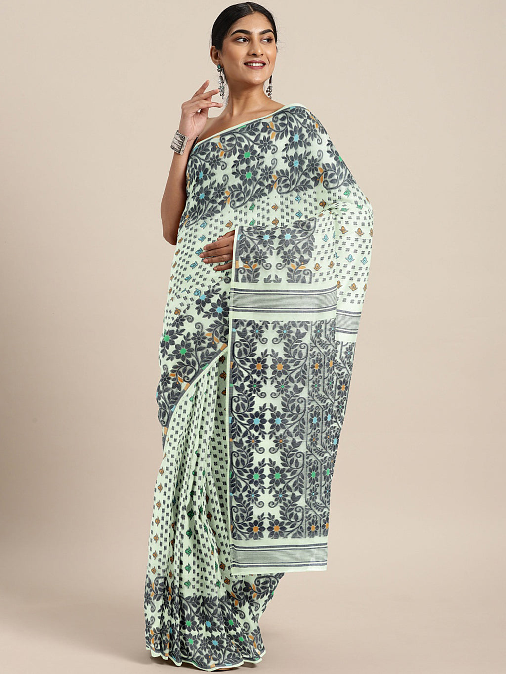 Grey Jamdani Woven Design Saree Without Blouse Piece DUTASA005 DUTASA005-Saree-Kalakari India-DUTASA005-Geographical Indication, Hand Crafted, Heritage Prints, Jamdani, Natural Dyes, Sarees, Silk Cotton, Sustainable Fabrics, West Bengal, Woven-[Linen,Ethnic,wear,Fashionista,Handloom,Handicraft,Indigo,blockprint,block,print,Cotton,Chanderi,Blue, latest,classy,party,bollywood,trendy,summer,style,traditional,formal,elegant,unique,style,hand,block,print, dabu,booti,gift,present,glamorous,affordable,