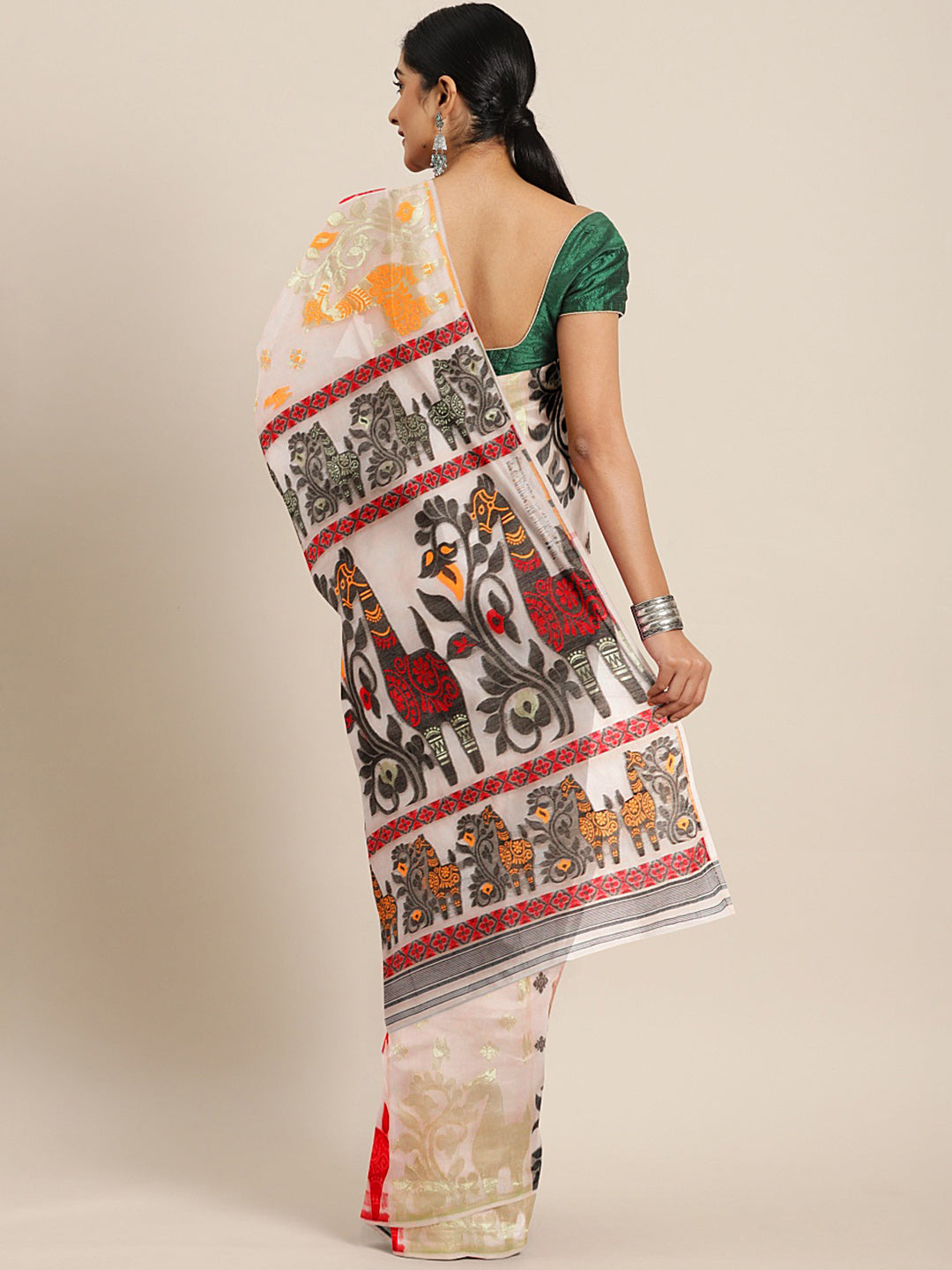 Peach Jamdani Woven Design Saree Without Blouse Piece DUTASA006 DUTASA006-Saree-Kalakari India-DUTASA006-Geographical Indication, Hand Crafted, Heritage Prints, Jamdani, Natural Dyes, Sarees, Silk Cotton, Sustainable Fabrics, West Bengal, Woven-[Linen,Ethnic,wear,Fashionista,Handloom,Handicraft,Indigo,blockprint,block,print,Cotton,Chanderi,Blue, latest,classy,party,bollywood,trendy,summer,style,traditional,formal,elegant,unique,style,hand,block,print, dabu,booti,gift,present,glamorous,affordable