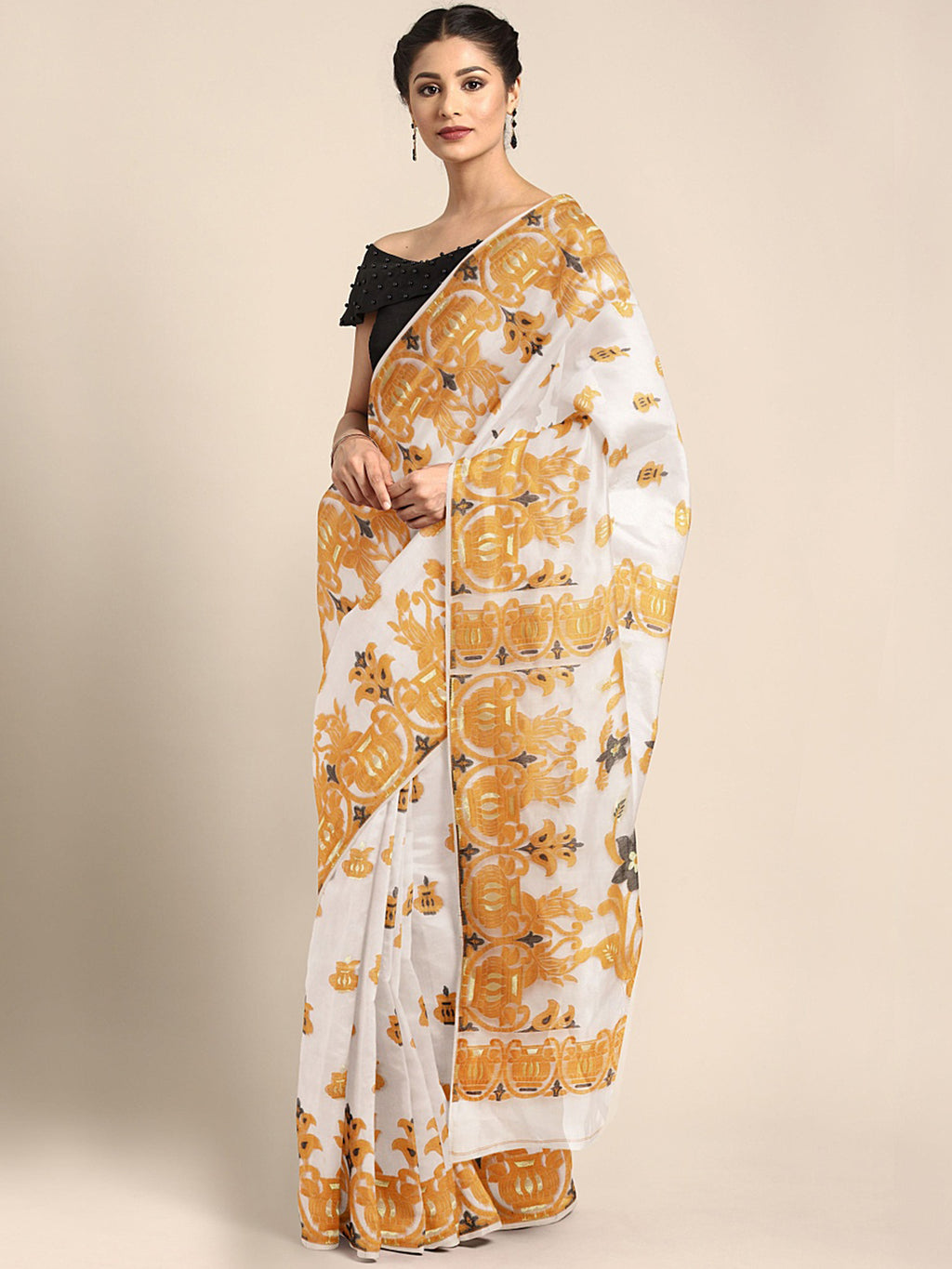 Peach Jamdani Woven Design Saree Without Blouse Piece DUTASA008 DUTASA008-Saree-Kalakari India-DUTASA008-Geographical Indication, Hand Crafted, Heritage Prints, Jamdani, Natural Dyes, Sarees, Silk Cotton, Sustainable Fabrics, West Bengal, Woven-[Linen,Ethnic,wear,Fashionista,Handloom,Handicraft,Indigo,blockprint,block,print,Cotton,Chanderi,Blue, latest,classy,party,bollywood,trendy,summer,style,traditional,formal,elegant,unique,style,hand,block,print, dabu,booti,gift,present,glamorous,affordable