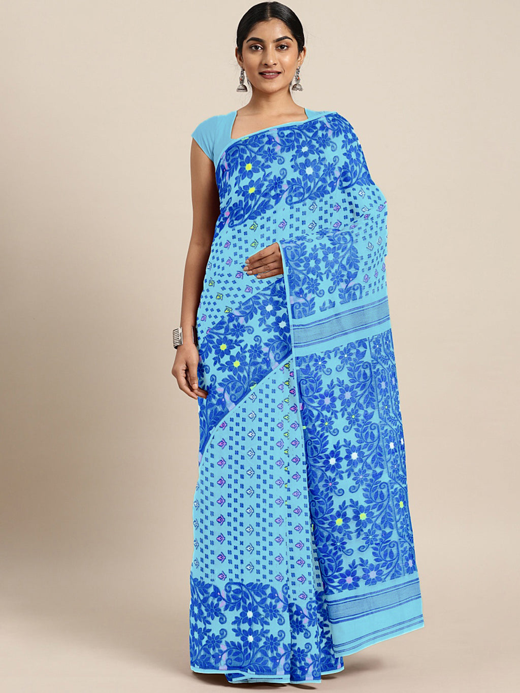 Blue Jamdani Woven Design Saree Without Blouse Piece DUTASA013 DUTASA013-Saree-Kalakari India-DUTASA013-Geographical Indication, Hand Crafted, Heritage Prints, Jamdani, Natural Dyes, Sarees, Silk Cotton, Sustainable Fabrics, West Bengal, Woven-[Linen,Ethnic,wear,Fashionista,Handloom,Handicraft,Indigo,blockprint,block,print,Cotton,Chanderi,Blue, latest,classy,party,bollywood,trendy,summer,style,traditional,formal,elegant,unique,style,hand,block,print, dabu,booti,gift,present,glamorous,affordable,