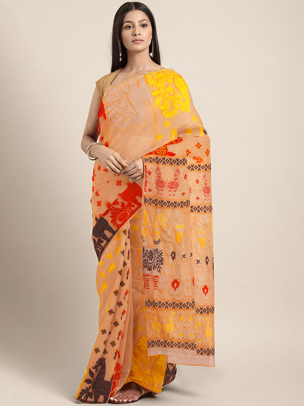 Peach Jamdani Woven Design Saree Without Blouse Piece DUTASA014 DUTASA014-Saree-Kalakari India-DUTASA014-Geographical Indication, Hand Crafted, Heritage Prints, Jamdani, Natural Dyes, Sarees, Silk Cotton, Sustainable Fabrics, West Bengal, Woven-[Linen,Ethnic,wear,Fashionista,Handloom,Handicraft,Indigo,blockprint,block,print,Cotton,Chanderi,Blue, latest,classy,party,bollywood,trendy,summer,style,traditional,formal,elegant,unique,style,hand,block,print, dabu,booti,gift,present,glamorous,affordable