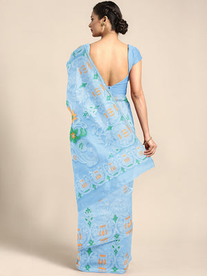 Blue Jamdani Woven Design Saree Without Blouse Piece DUTASA016 DUTASA016-Saree-Kalakari India-DUTASA016-Geographical Indication, Hand Crafted, Heritage Prints, Jamdani, Natural Dyes, Sarees, Silk Cotton, Sustainable Fabrics, West Bengal, Woven-[Linen,Ethnic,wear,Fashionista,Handloom,Handicraft,Indigo,blockprint,block,print,Cotton,Chanderi,Blue, latest,classy,party,bollywood,trendy,summer,style,traditional,formal,elegant,unique,style,hand,block,print, dabu,booti,gift,present,glamorous,affordable,