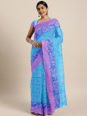 Blue Tant Woven Design Saree Without Blouse Piece DUTASA017 DUTASA017-Saree-Kalakari India-DUTASA017-Geographical Indication, Hand Crafted, Heritage Prints, Natural Dyes, Sarees, Silk Cotton, Sustainable Fabrics, Taant, Tant, West Bengal, Woven-[Linen,Ethnic,wear,Fashionista,Handloom,Handicraft,Indigo,blockprint,block,print,Cotton,Chanderi,Blue, latest,classy,party,bollywood,trendy,summer,style,traditional,formal,elegant,unique,style,hand,block,print, dabu,booti,gift,present,glamorous,affordable