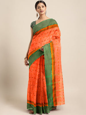 Orange Tant Woven Design Saree Without Blouse Piece DUTASA018 DUTASA018-Saree-Kalakari India-DUTASA018-Geographical Indication, Hand Crafted, Heritage Prints, Natural Dyes, Sarees, Silk Cotton, Sustainable Fabrics, Taant, Tant, West Bengal, Woven-[Linen,Ethnic,wear,Fashionista,Handloom,Handicraft,Indigo,blockprint,block,print,Cotton,Chanderi,Blue, latest,classy,party,bollywood,trendy,summer,style,traditional,formal,elegant,unique,style,hand,block,print, dabu,booti,gift,present,glamorous,affordab