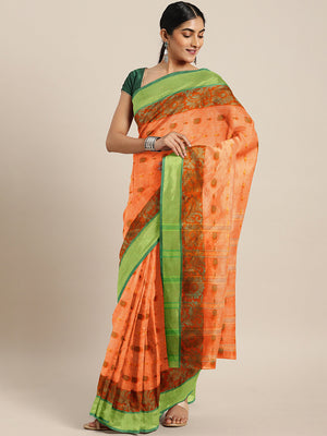 Orange Tant Woven Design Saree Without Blouse Piece DUTASA019 DUTASA019-Saree-Kalakari India-DUTASA019-Geographical Indication, Hand Crafted, Heritage Prints, Natural Dyes, Sarees, Silk Cotton, Sustainable Fabrics, Taant, Tant, West Bengal, Woven-[Linen,Ethnic,wear,Fashionista,Handloom,Handicraft,Indigo,blockprint,block,print,Cotton,Chanderi,Blue, latest,classy,party,bollywood,trendy,summer,style,traditional,formal,elegant,unique,style,hand,block,print, dabu,booti,gift,present,glamorous,affordab