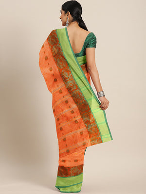 Orange Tant Woven Design Saree Without Blouse Piece DUTASA019 DUTASA019-Saree-Kalakari India-DUTASA019-Geographical Indication, Hand Crafted, Heritage Prints, Natural Dyes, Sarees, Silk Cotton, Sustainable Fabrics, Taant, Tant, West Bengal, Woven-[Linen,Ethnic,wear,Fashionista,Handloom,Handicraft,Indigo,blockprint,block,print,Cotton,Chanderi,Blue, latest,classy,party,bollywood,trendy,summer,style,traditional,formal,elegant,unique,style,hand,block,print, dabu,booti,gift,present,glamorous,affordab