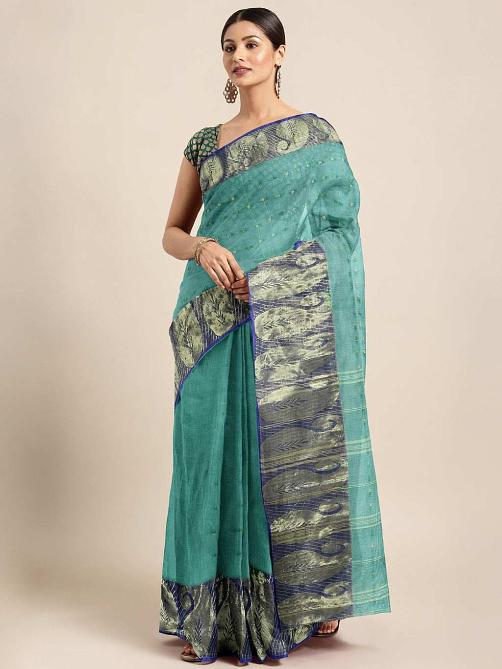 Green Tant Woven Design Saree Without Blouse Piece DUTASA020 DUTASA020-Saree-Kalakari India-DUTASA020-Geographical Indication, Hand Crafted, Heritage Prints, Natural Dyes, Sarees, Silk Cotton, Sustainable Fabrics, Taant, Tant, West Bengal, Woven-[Linen,Ethnic,wear,Fashionista,Handloom,Handicraft,Indigo,blockprint,block,print,Cotton,Chanderi,Blue, latest,classy,party,bollywood,trendy,summer,style,traditional,formal,elegant,unique,style,hand,block,print, dabu,booti,gift,present,glamorous,affordabl