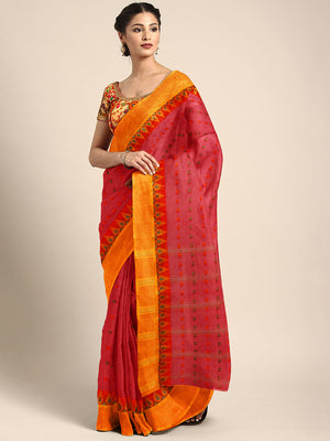 Red Tant Woven Design Saree Without Blouse Piece DUTASA021 DUTASA021-Saree-Kalakari India-DUTASA021-Geographical Indication, Hand Crafted, Heritage Prints, Natural Dyes, Sarees, Silk Cotton, Sustainable Fabrics, Taant, Tant, West Bengal, Woven-[Linen,Ethnic,wear,Fashionista,Handloom,Handicraft,Indigo,blockprint,block,print,Cotton,Chanderi,Blue, latest,classy,party,bollywood,trendy,summer,style,traditional,formal,elegant,unique,style,hand,block,print, dabu,booti,gift,present,glamorous,affordable,