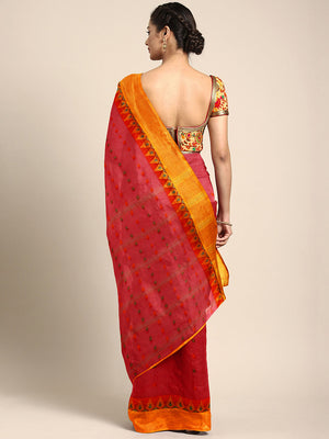 Red Tant Woven Design Saree Without Blouse Piece DUTASA021 DUTASA021-Saree-Kalakari India-DUTASA021-Geographical Indication, Hand Crafted, Heritage Prints, Natural Dyes, Sarees, Silk Cotton, Sustainable Fabrics, Taant, Tant, West Bengal, Woven-[Linen,Ethnic,wear,Fashionista,Handloom,Handicraft,Indigo,blockprint,block,print,Cotton,Chanderi,Blue, latest,classy,party,bollywood,trendy,summer,style,traditional,formal,elegant,unique,style,hand,block,print, dabu,booti,gift,present,glamorous,affordable,